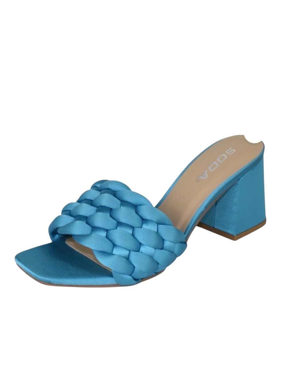 Soda Braided Satin Mule Heels in Bright Blue